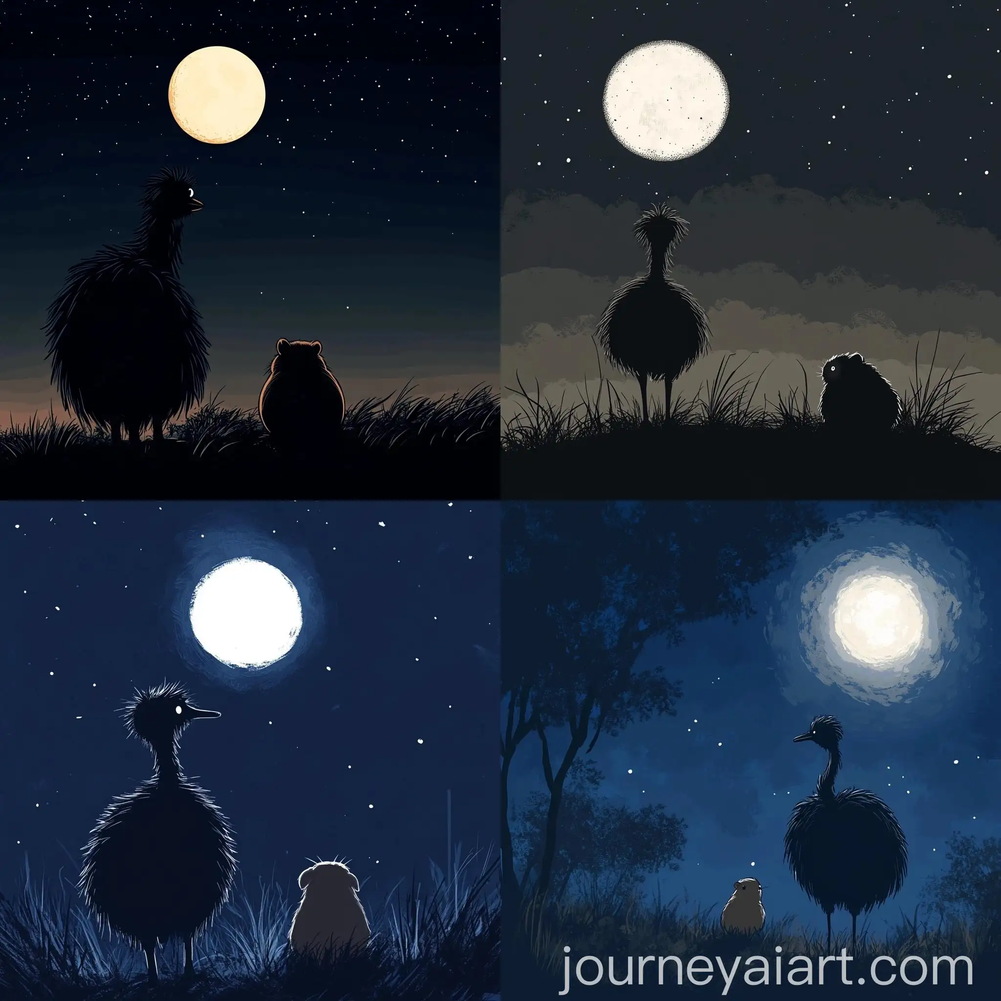 Emu-and-Guinea-Pig-Gazing-at-Moon-at-Night-in-Simple-Emoticon-Style