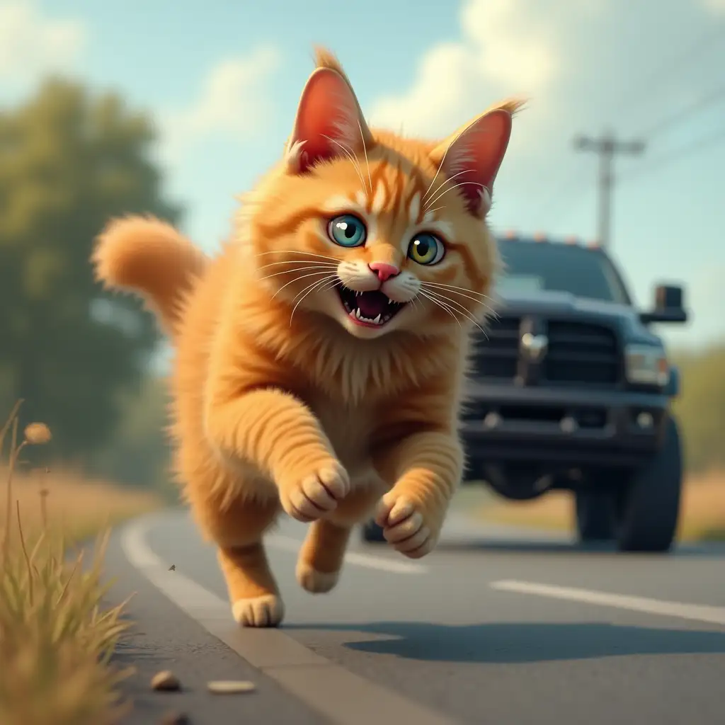 Big, fluffy, ginger cat, one blue eye, other yellow, an earring on one ear, runs fearfully along the road, chased by a scary black dodge ram trx, computer graphics style