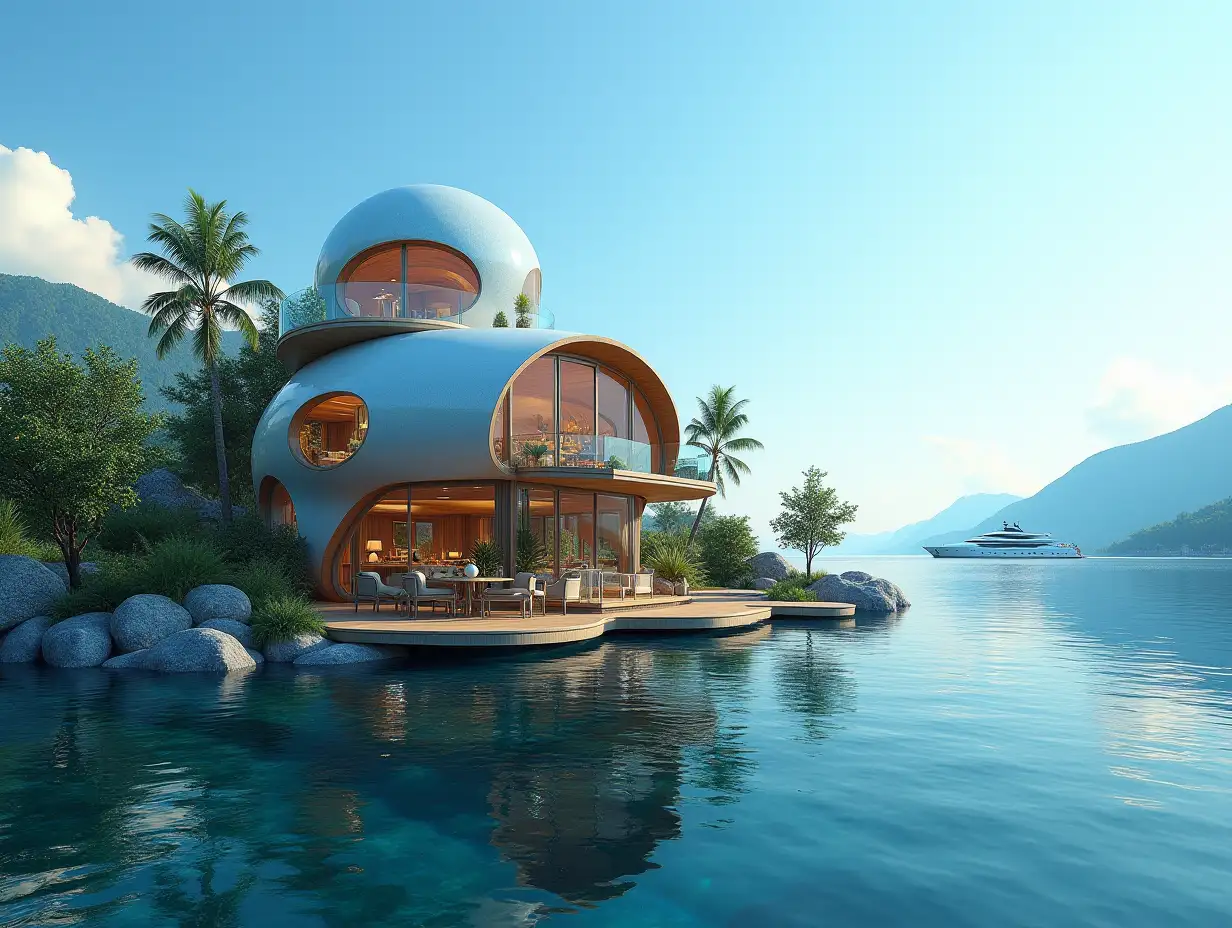 A futuristic multi-story house made of many holen lit glass balls and wood lies on the water,many plants and trees, blue sky, bright surroundings, mountains, clear water and a yacht in the background, vibrant 8k quality