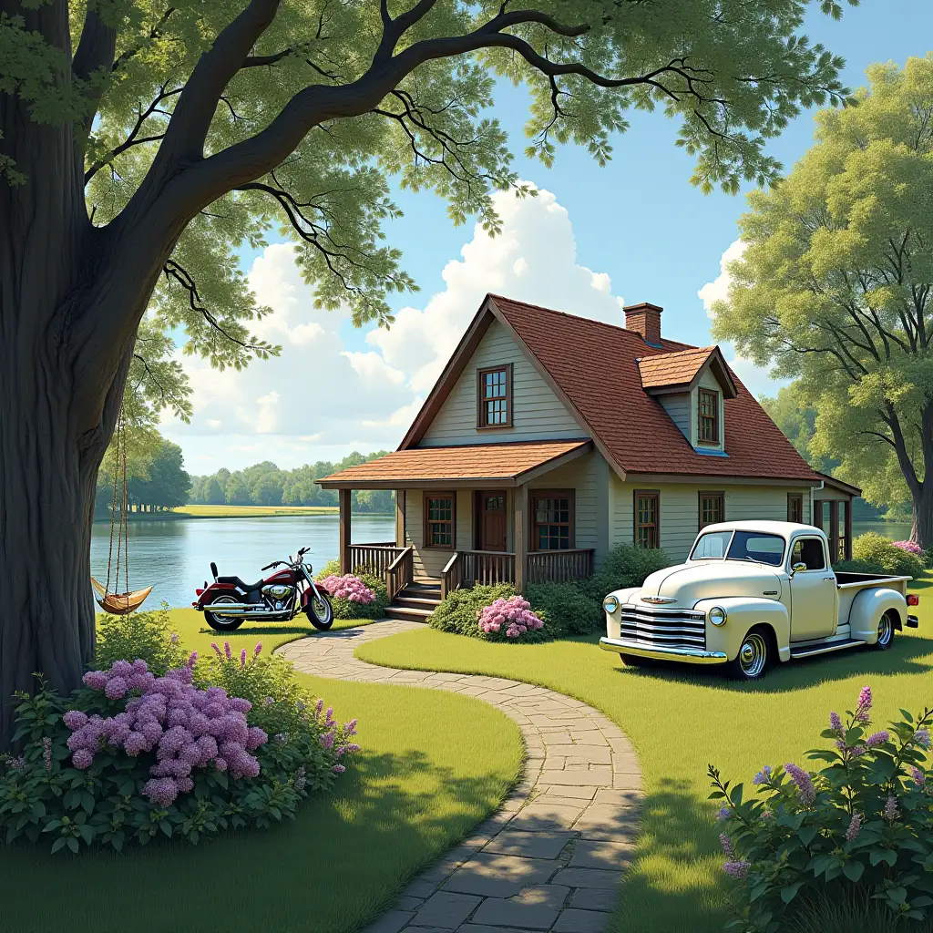 A home on the water. Small but luxurious. Surrounded by trees and fields. In a warm climate. Sun shining, lilacs blooming. A hammock swing in the tree. A Harley in the driveway. An old, white, Chevy truck parked beside the workshop.