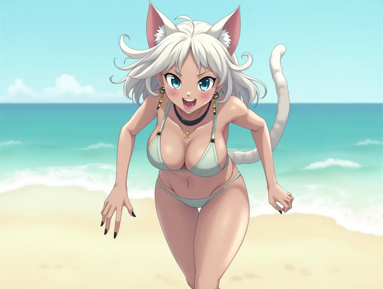 A mature adult feline/woman active running down a beach. Her 30-something years are disguised by her youthful facial features, except for her subtle wrinkles around the eyes, extremely slender body. Her ample bosom strains against her bikini, extreme cleavage.  Wearing black shoes. She has piercing blue cat eyes. A choker adorns her neck, a subtle hint at her feline nature. Her long, white hair cascades down her back like a wild waterfall, tangled and disheveled. Her cat-like teeth glint in the light, as her white fur-lined ears punctuate her visage with sparkling black and gold earring adorns each ear, adding a touch of elegance to her feline features. Cat whiskers on her face. The attached tail at the base of her spine stirs lazily.  Long fingernails. Full view. Anime.