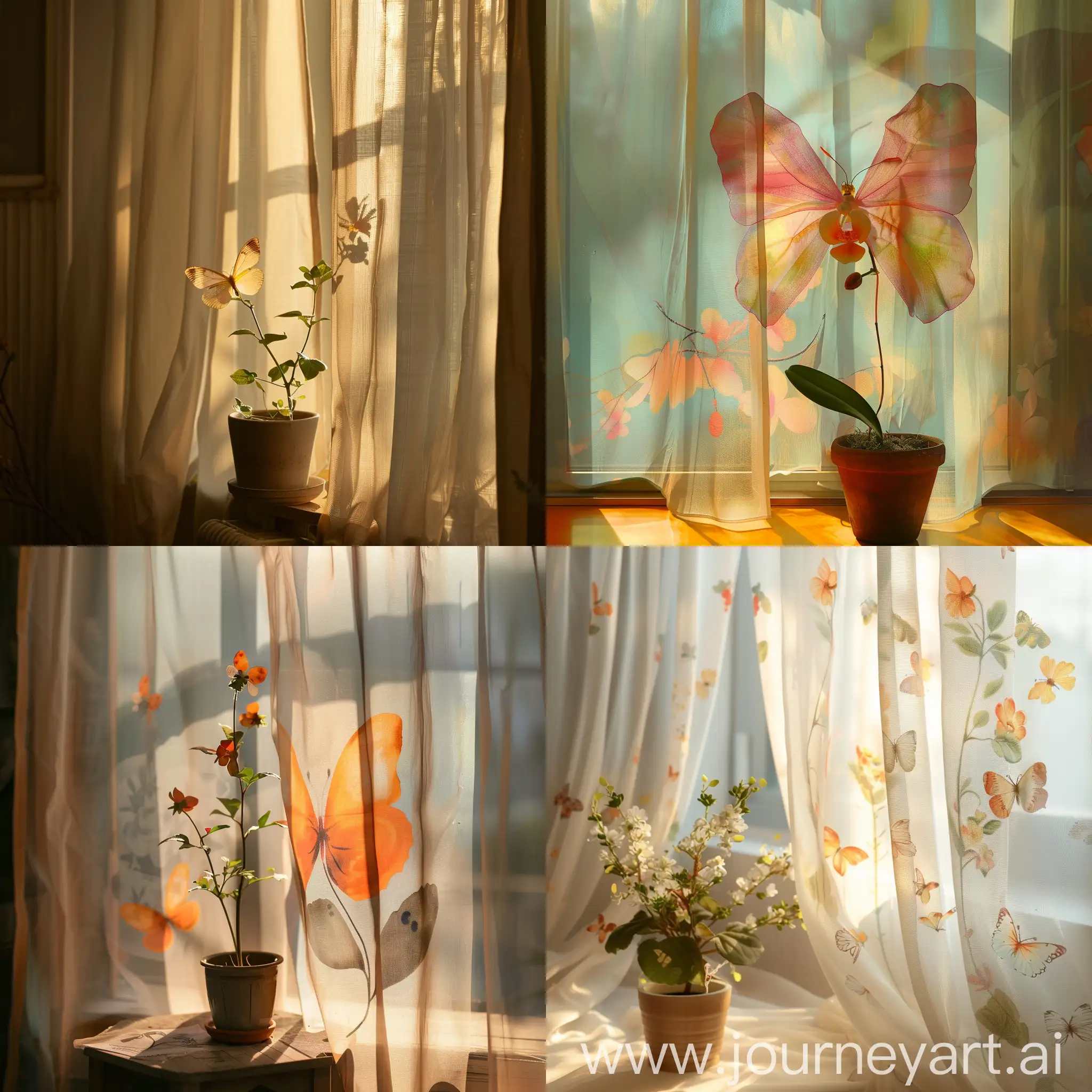 Silk-ButterflyInspired-Window-Curtains-with-Morning-Light-and-Potted-Flower