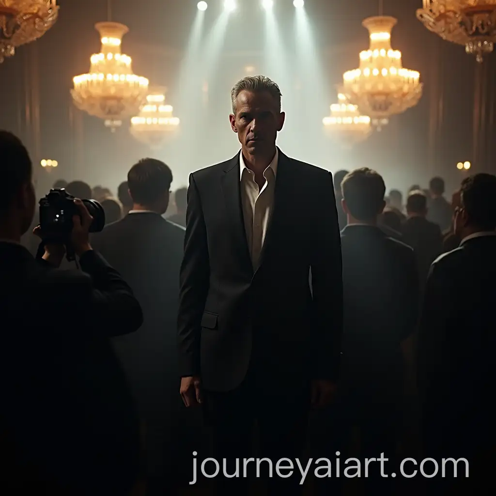 Aloof-Man-in-Elegant-Suit-Under-Bright-Stage-Lights-Surrounded-by-Indifferent-Crowd