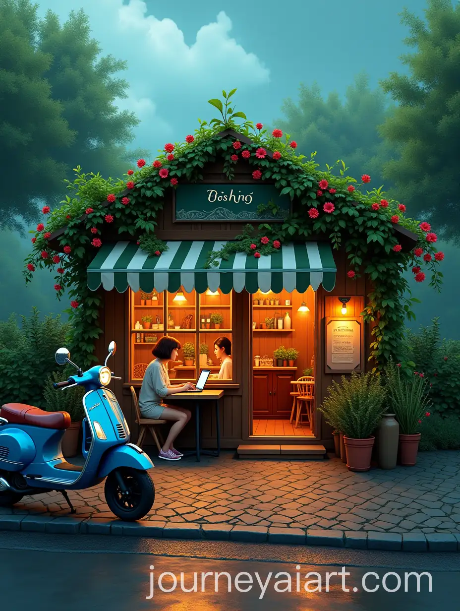 Cozy-Outdoor-Caf-Scene-with-Laptop-User-and-Blue-Scooter
