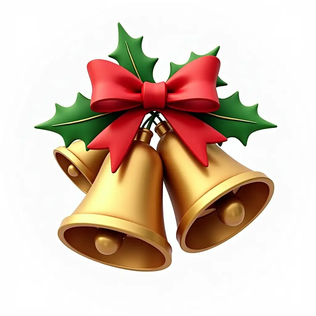 Describe a digital image of a Christmas-themed artwork featuring a cluster of bells adorned with holly leaves and a bright red bow, set against a pure white background. The image should exude a sense of festivity and Christmas cheer, conveying a message of “Merry Christmas” or joyful celebrations. Provide a detailed and vivid description of the image, including the shapes, colors and textures involved, HD, 8K