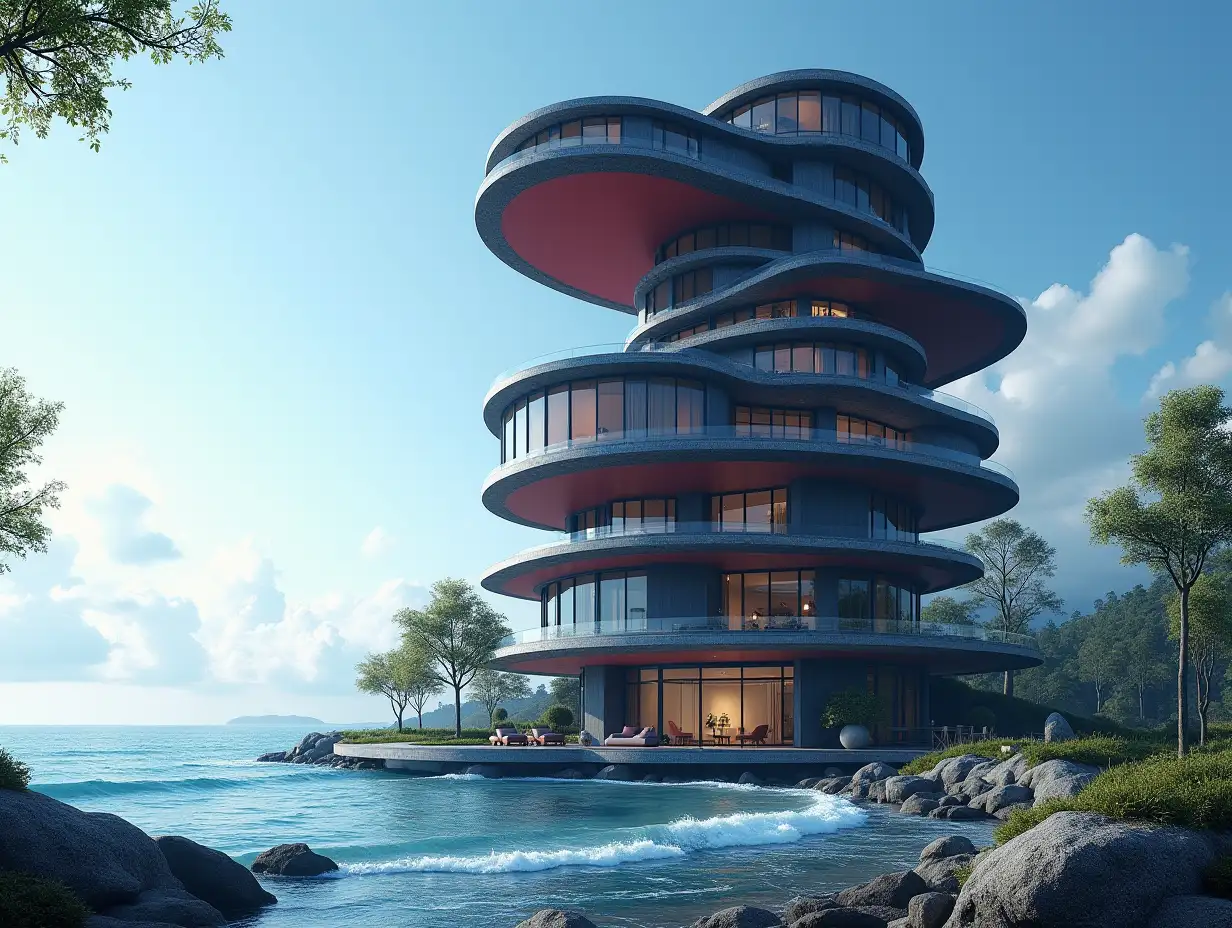 Create a high-resolution, realistic panorama image of a futuristic very tall building with windows twisted like a snail house with black and red facades with sea with very large waves, large trees, blue sky