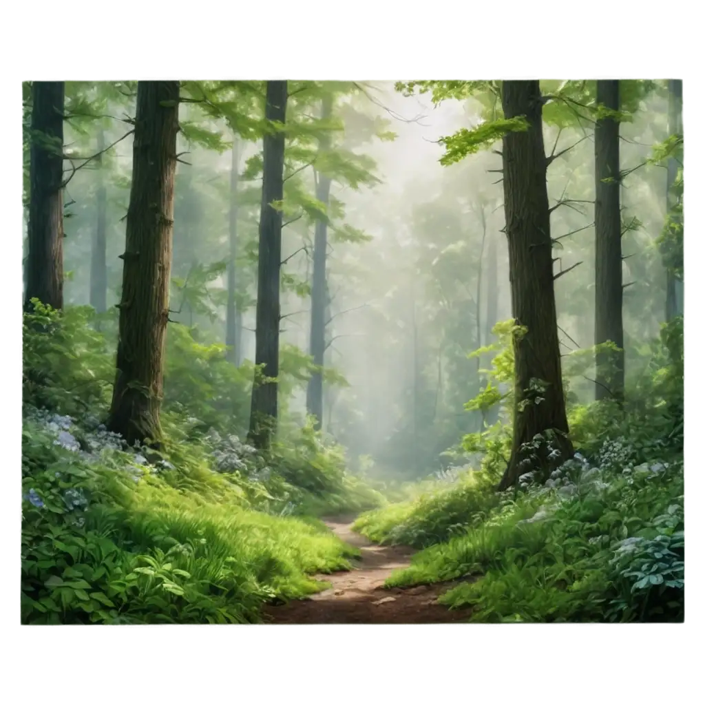 A dense, lush forest with towering trees of varying heights, vibrant green foliage, sunbeams breaking through the canopy, a soft mist hovering above the forest floor, scattered wildflowers and shrubs, atmospheric lighting, peaceful, natural scenery with detailed textures, hyper-realistic style.