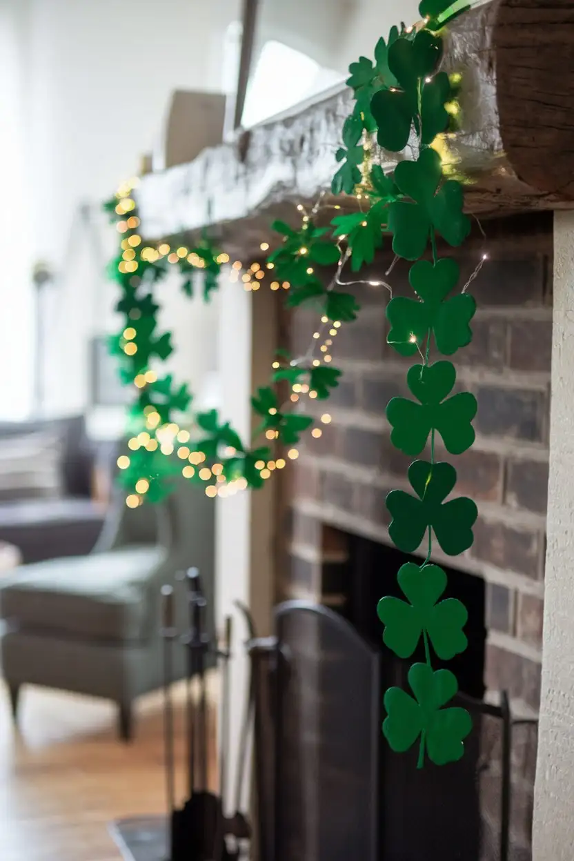 Realistic-St-Patricks-Day-Shamrock-Garland-Decoration-Over-Fireplace-Mantel