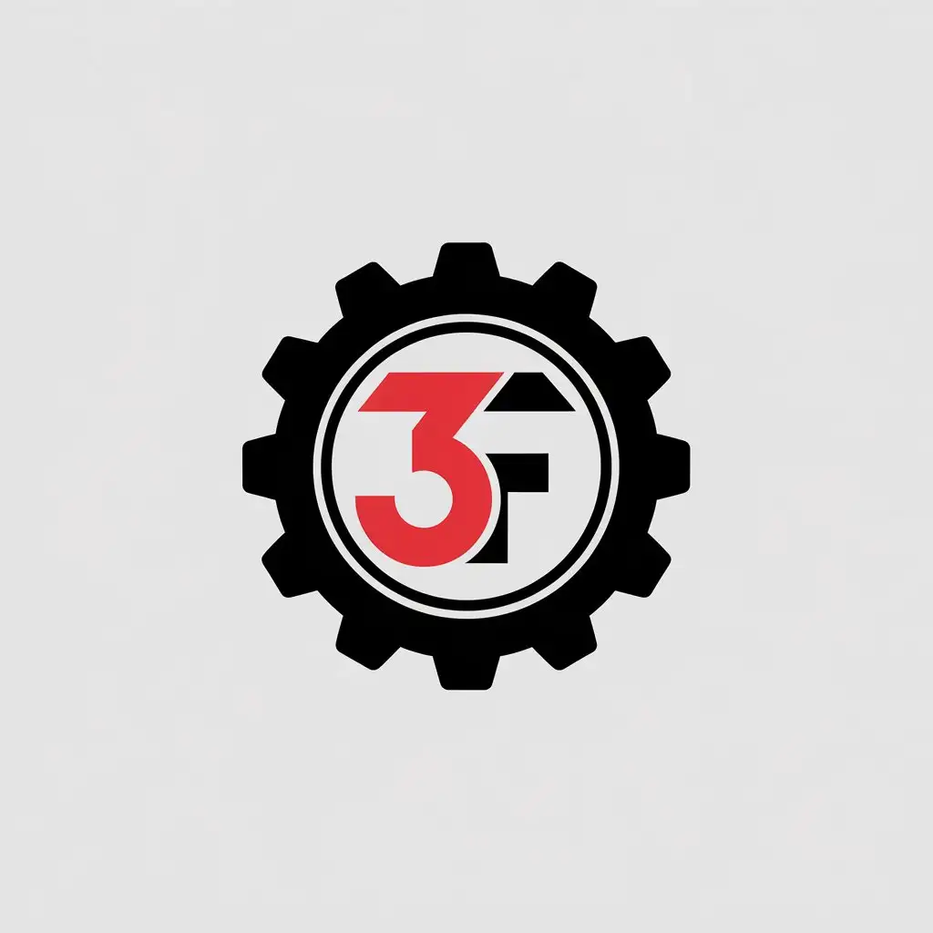 a vector logo design,with the text "3f", main symbol:create a logo with a gear, engineering symbol among mixed letters 3 F, and black with F in red standing out,Minimalistic,be used in Construction industry,clear background