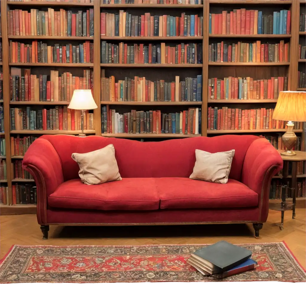 Cozy-Red-Couch-in-Library-PNG-Image-Belle-poque-Atmosphere-with-Soft-Lamp-Light