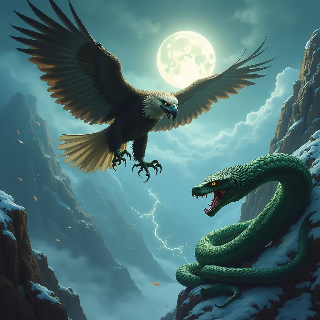 A massive eagle with metallic feathers shimmering in the moonlight dives from above with its talons outstretched, aiming at a colossal emerald serpent coiled around a jagged cliff edge. The eagle’s eyes burn with fierce determination, while the serpent, its fangs bared, coils tighter, ready to strike. The chaotic background features swirling wind and distant lightning illuminating the snow-capped peaks, adding to the tension of the high-altitude battle. The scene is filled with dramatic energy as the wind carries loose feathers and dust through the air.