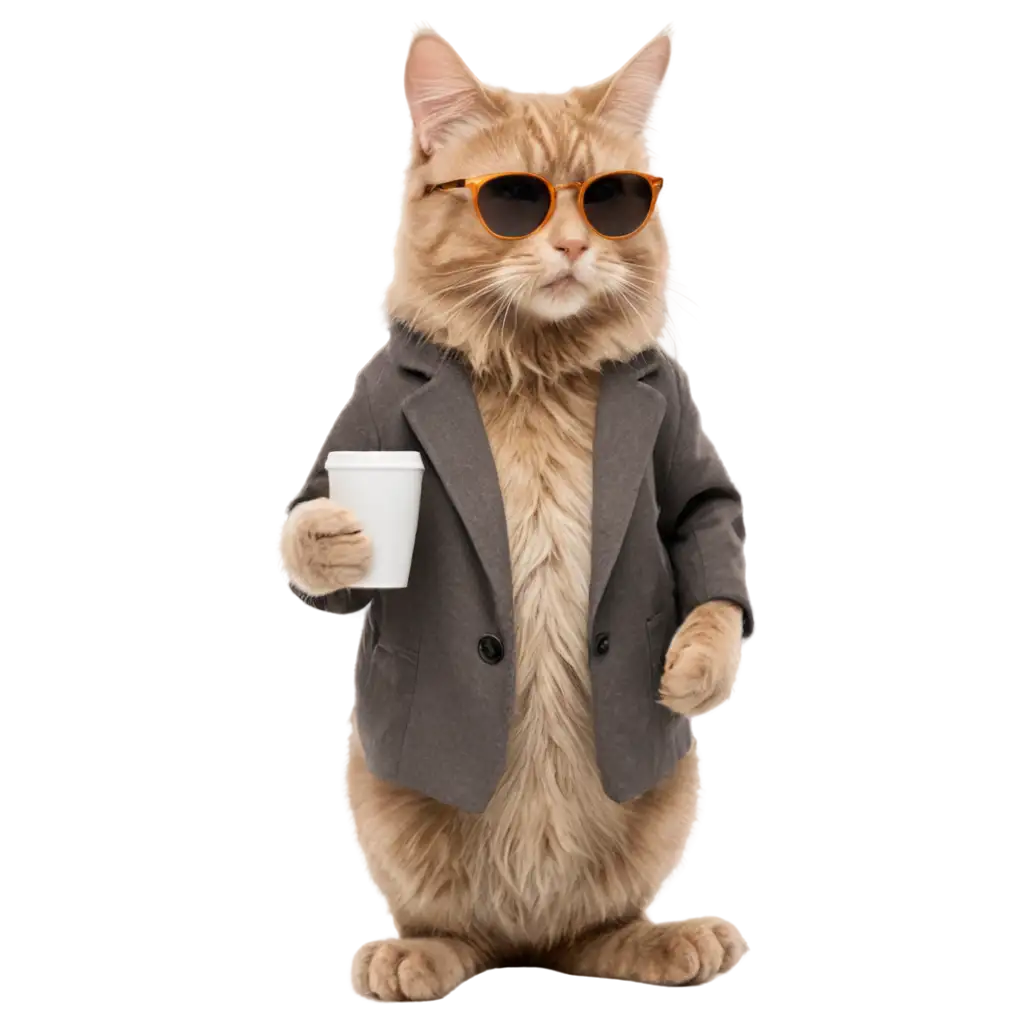 A cat wearing sunglasses, sipping coffee from a mug