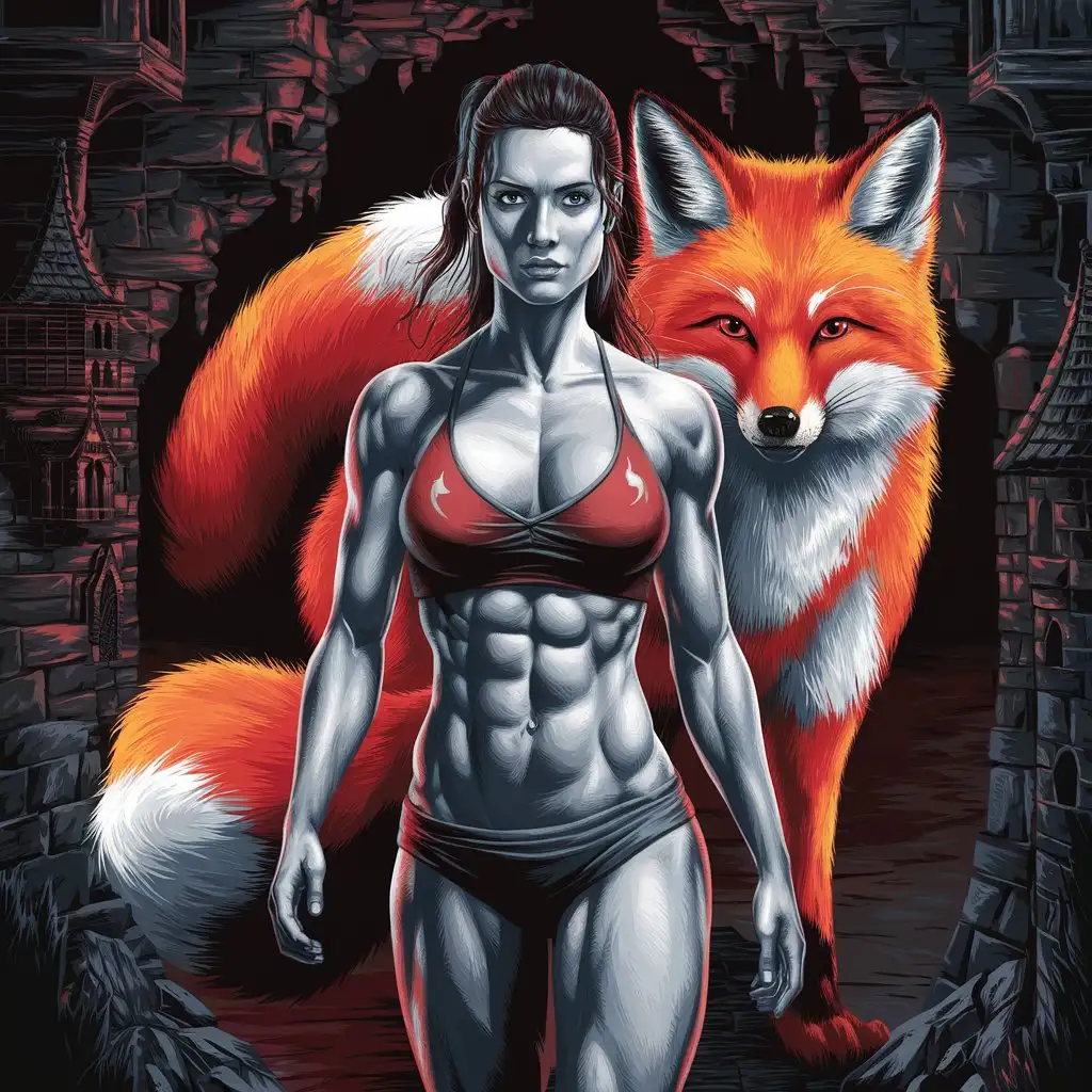 Fit Woman at Inari kami Cryptic Castle in American Realism Style