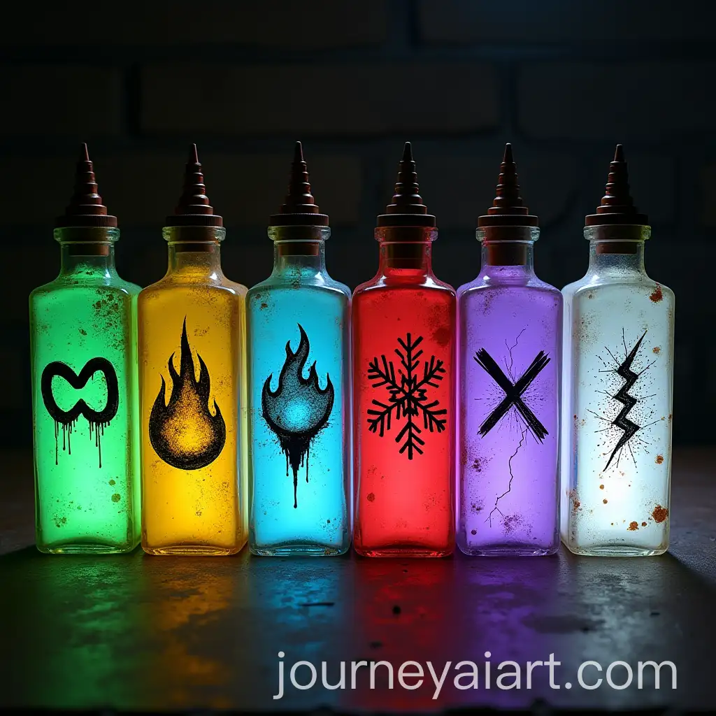 Distressed-Glass-Bottles-Containing-Glowing-Antidotes-with-Hasty-Symbols