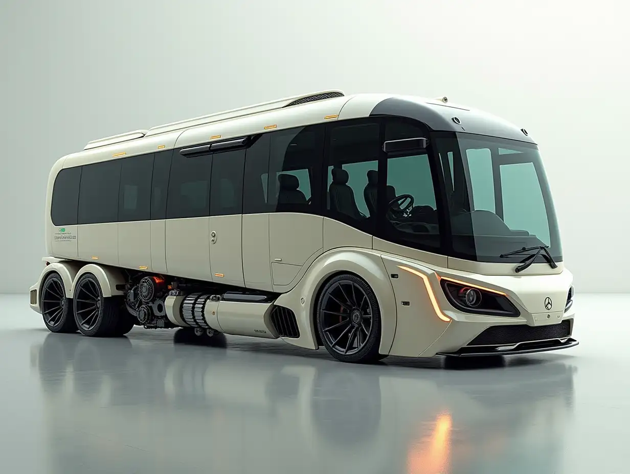 A supermodern utopian sports bus with gears, lowered chassis, 18-inch rims, aluminum wheels, cream silver black, Cyberpunk.