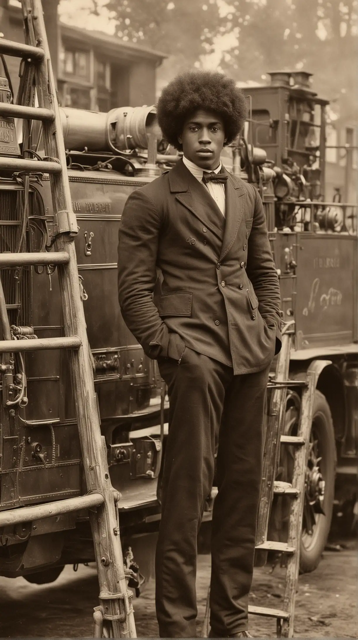 Handsome Black Man with Afro Standing by Fire Truck with Ladder