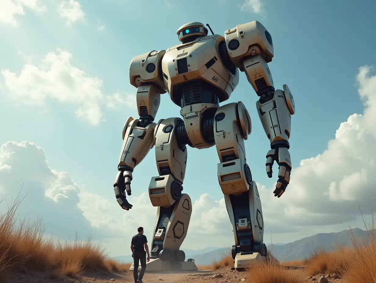 Create a high-resolution, realistic image of the artificial intelligence Robert, 40 meters tall with humans, with a motor made of many parts, from Jupiter 4k resolution