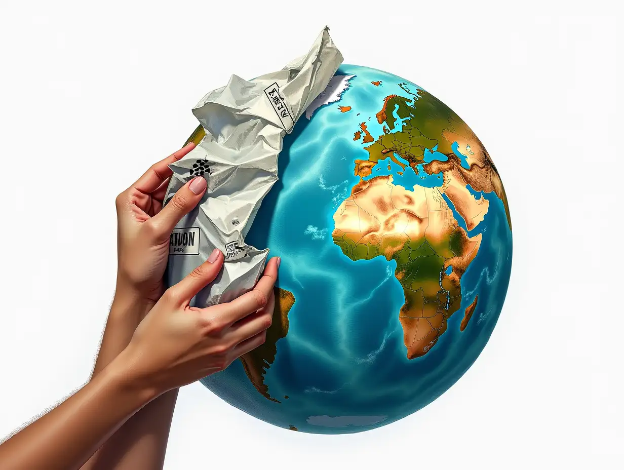 A visually striking, mixed-style artwork illustrating two expressive human hands peeling back a torn sheet of plastic waste from the surface of Earth. The image is composed with a creative fusion of painterly realism and textured collage — the plastic rendered in layered, semi-transparent materials with visible logos, crumples, and dirty textures, echoing real-world pollution. As the hands pull away the plastic from the left side of the canvas, the vibrant planet underneath is revealed in rich, painterly detail — oceans glowing in turquoise and deep blue, continents bursting with lush greens and cloud textures. The hands are realistically shaded, symbolizing human effort and responsibility. The right side of the canvas, where Earth is visible, radiates warmth and light, while the plastic-covered section remains muted and grayish, enhancing the contrast. The white background gives the image a gallery-style framing and clean finish. This artwork blends realism, texture, and conceptual illustration to create a bold environmental statement. Highly detailed, highly sharp, clear, artistic, eye-catching, very attractive, 128k