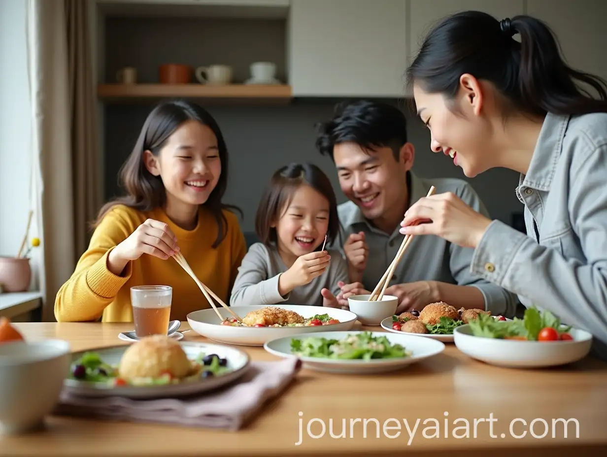 Happy-Asian-Family-Enjoying-Meal-at-Kitchen-Table