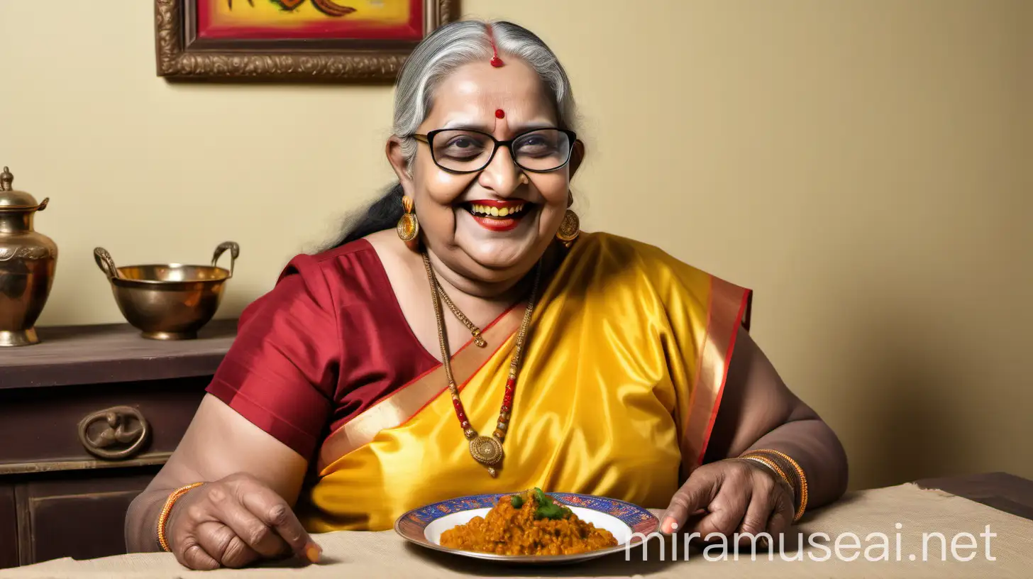 Senior Indian Woman Enjoying Mutton Curry Meal at Dining Table