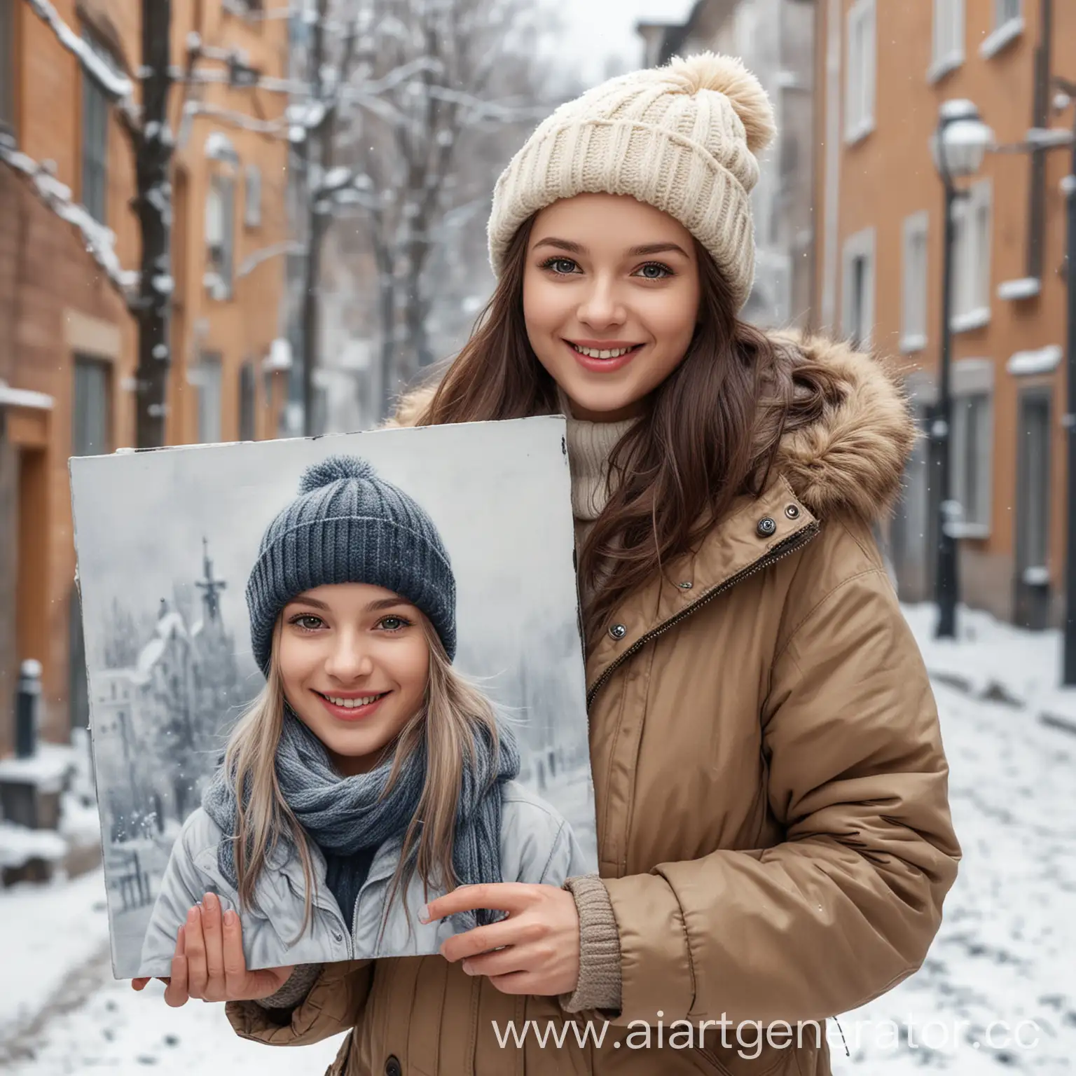 Happy-Adult-Girl-Holding-Canvas-Portrait-in-Winter-Street-Setting