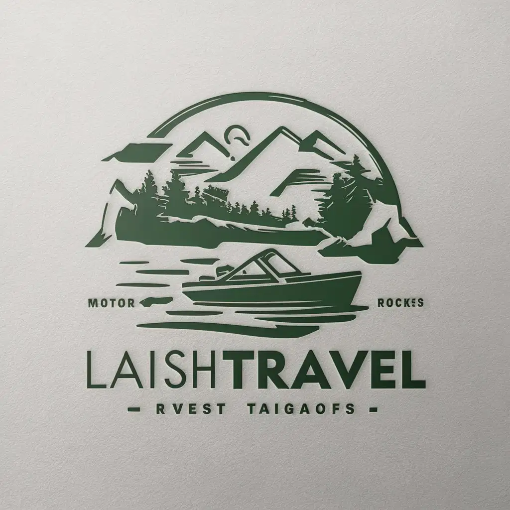 a vector logo design,with the text "LaishTravel", main symbol:motor boat river taiga forest rocks,Moderate,clear background