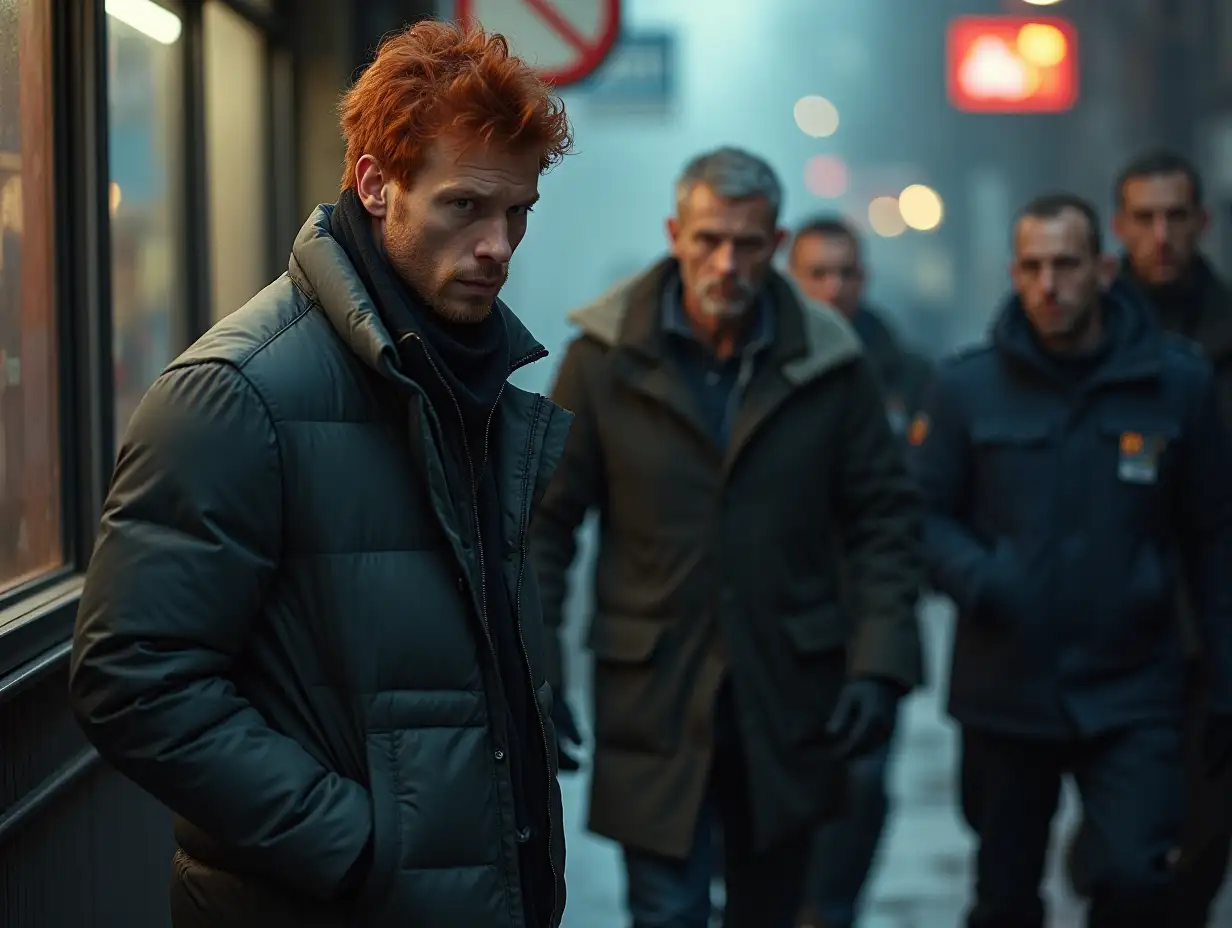 A redhead and grey haired tall skinny man stealthily creeps towards a kiosk. Behind him, three men of criminal appearance and one man in Russian police uniform are following him hungrily.