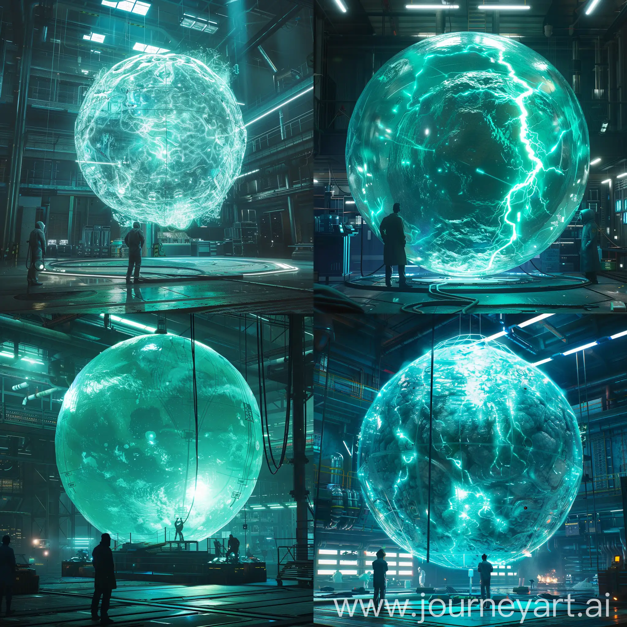 Futuristic-Scientists-Observing-a-Sphere-of-Turquoise-Energy-in-a-HighTech-Lab