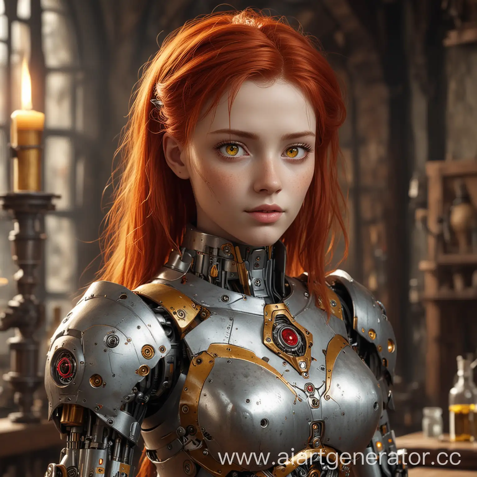 Alchemist-Robot-Girl-with-Red-Hair-and-Yellow-Eyes-in-Medieval-Setting