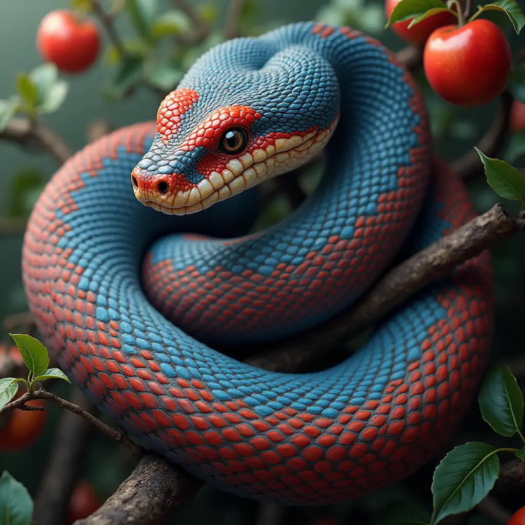 ultra detailed hyperrealistic portrait a snake with blue and red long hair sits on a branch with hanging apples with intricately detailed, colorful plants in the background wide angle lens