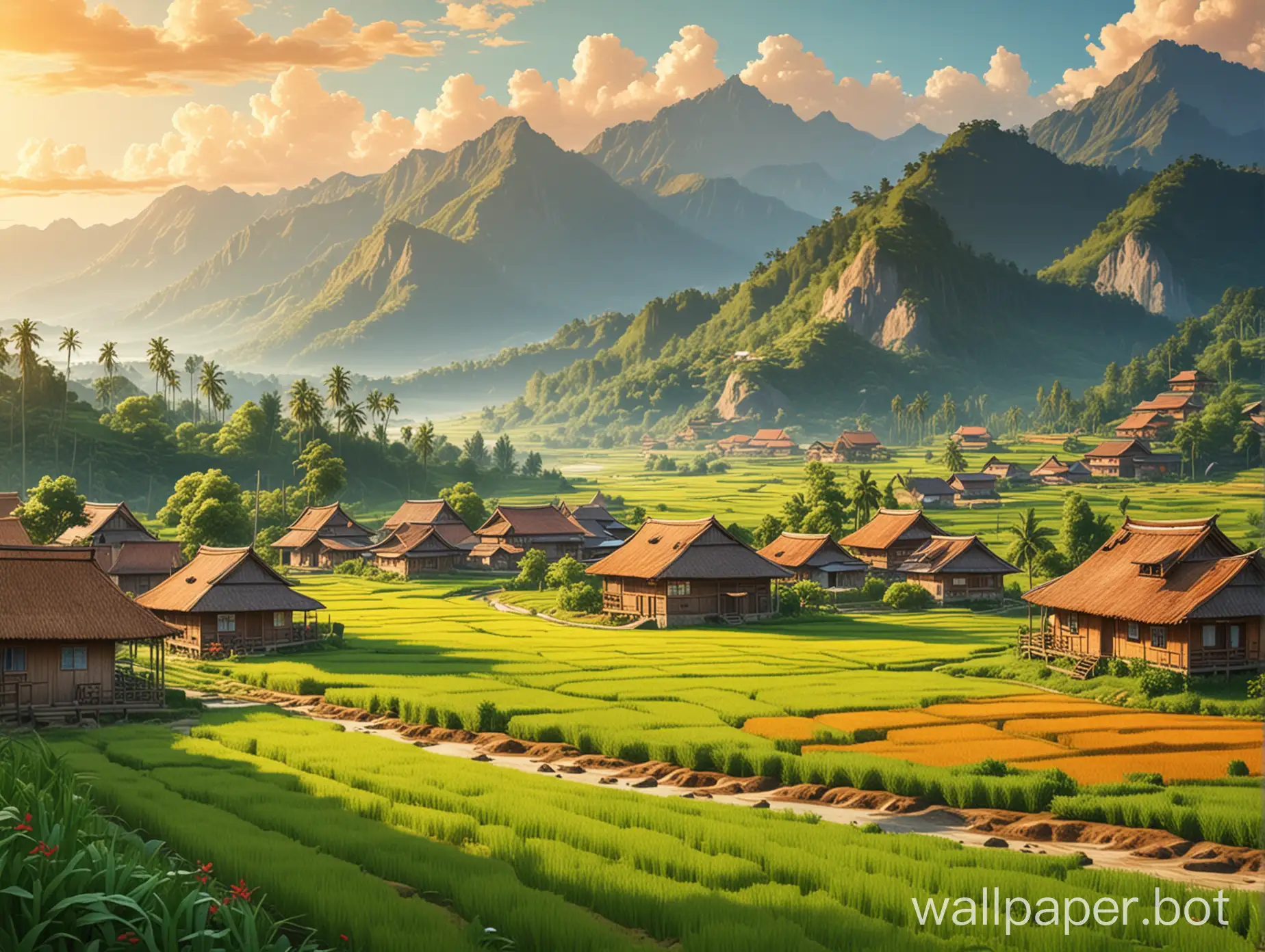 llustration beautiful landscape with rice fields village house and mountains on sunny day