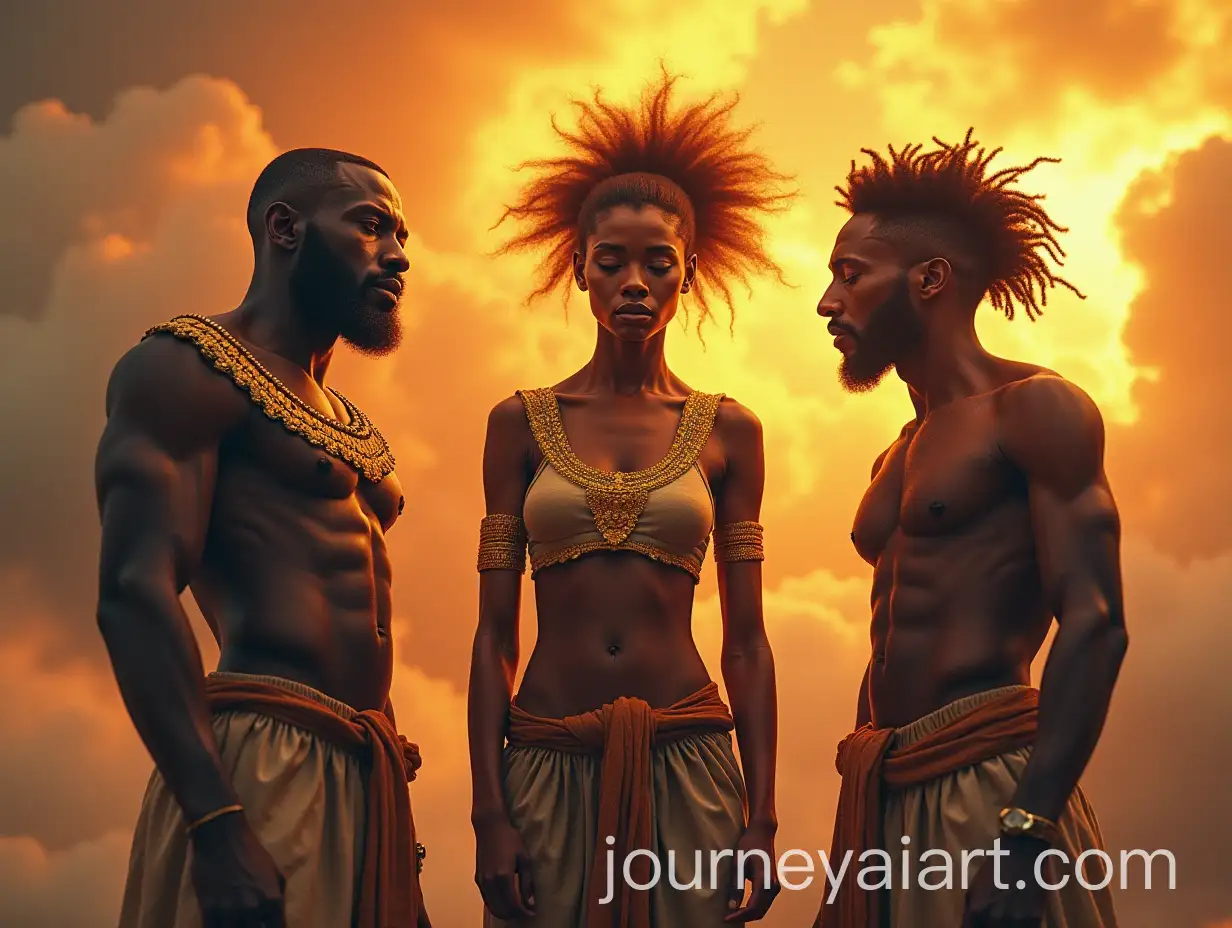 Muscular-Igbo-Gods-and-Sorrowful-Woman-on-Clouds-Overlooking-Mortals