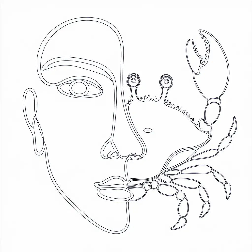 Continuous Line Art of a Face Merging with a Crab