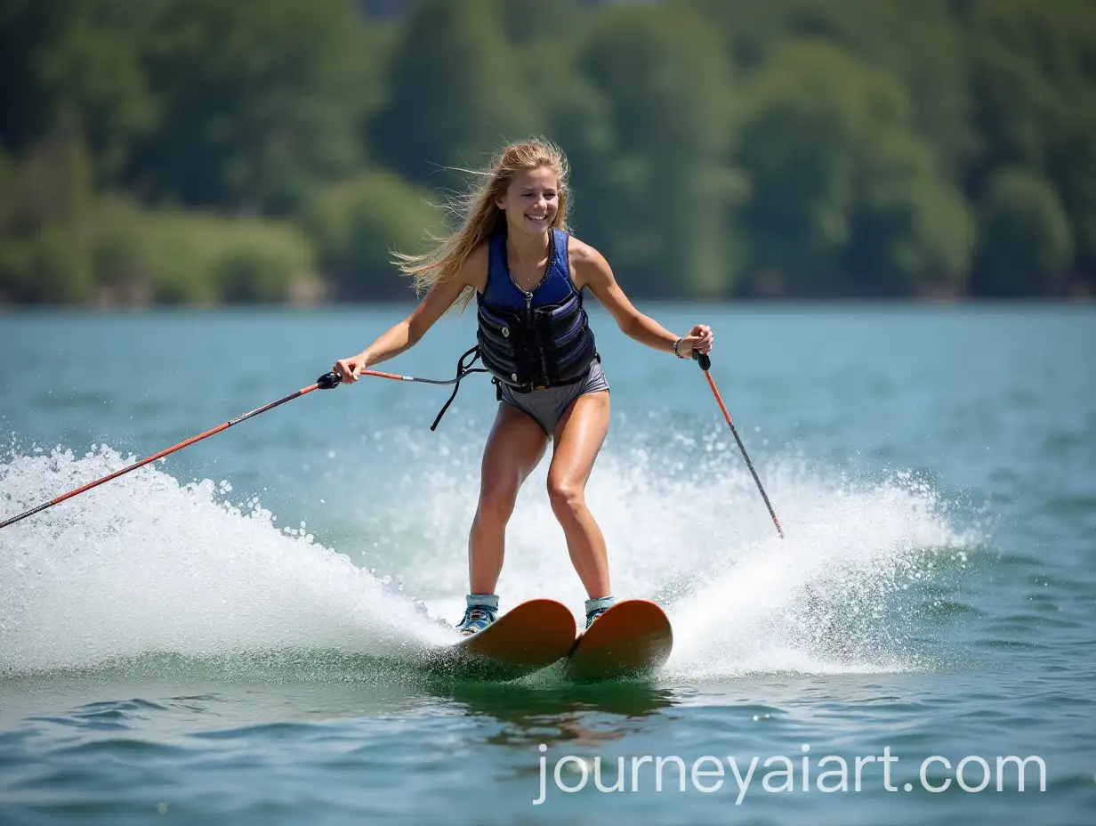 Teenage-Girl-Enjoying-Waterskiing-on-a-Sunny-Lake