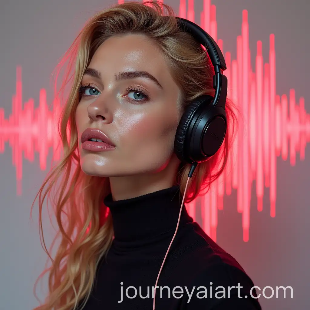 Doutzen-Cross-Portrait-with-Abstract-Music-Waves-and-Earphones-Listening-to-Music