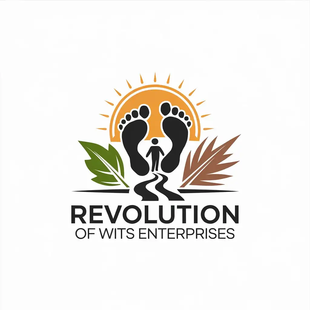 LOGO Design for Revolution of Wits Enterprises Footpath Footprints Leaves and Setting Sun Theme