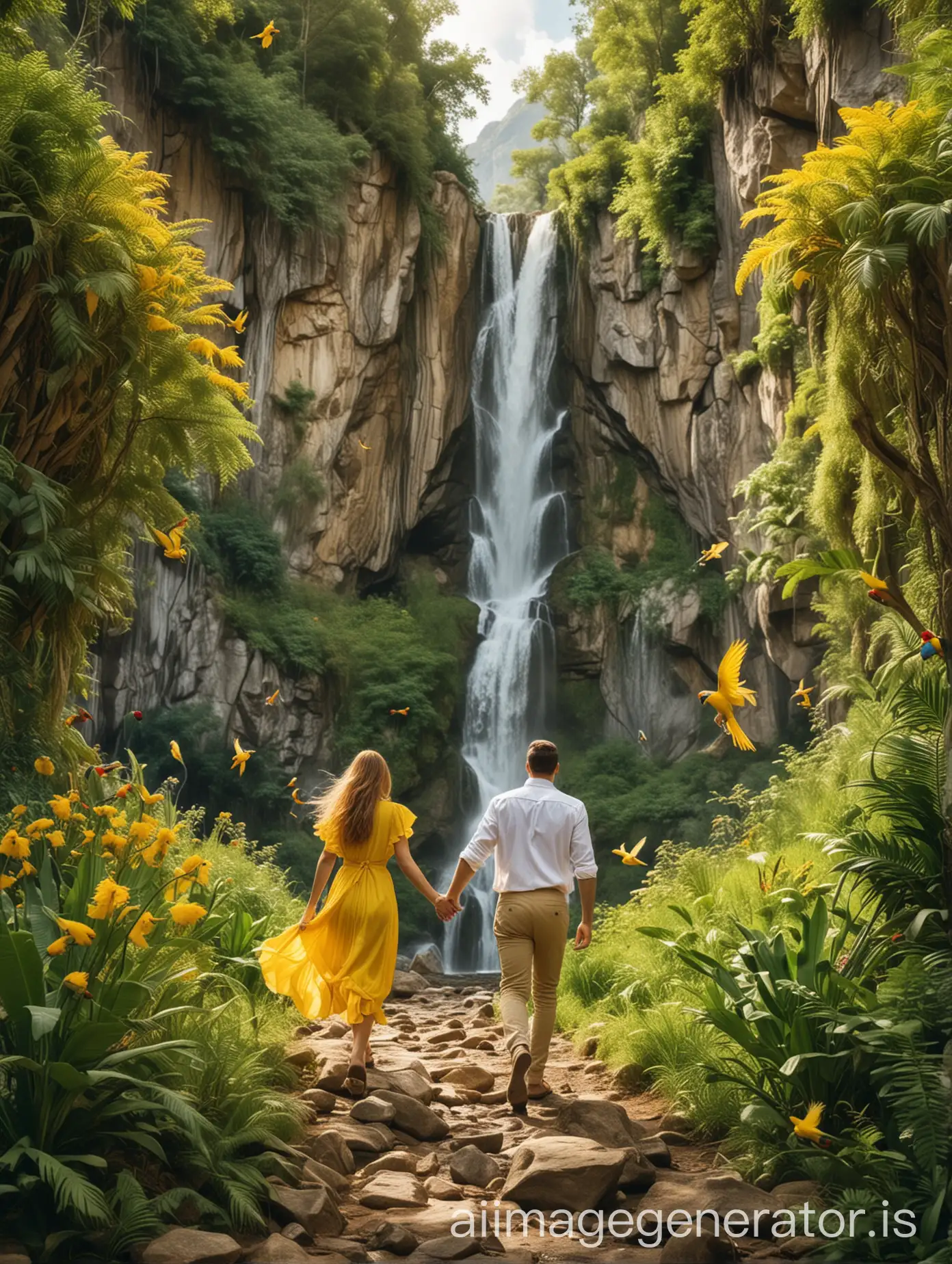 Woman-in-Yellow-Dress-and-Man-in-White-Shirt-Walking-Through-Glade-with-Parrots-in-Beautiful-Mountain-Landscape