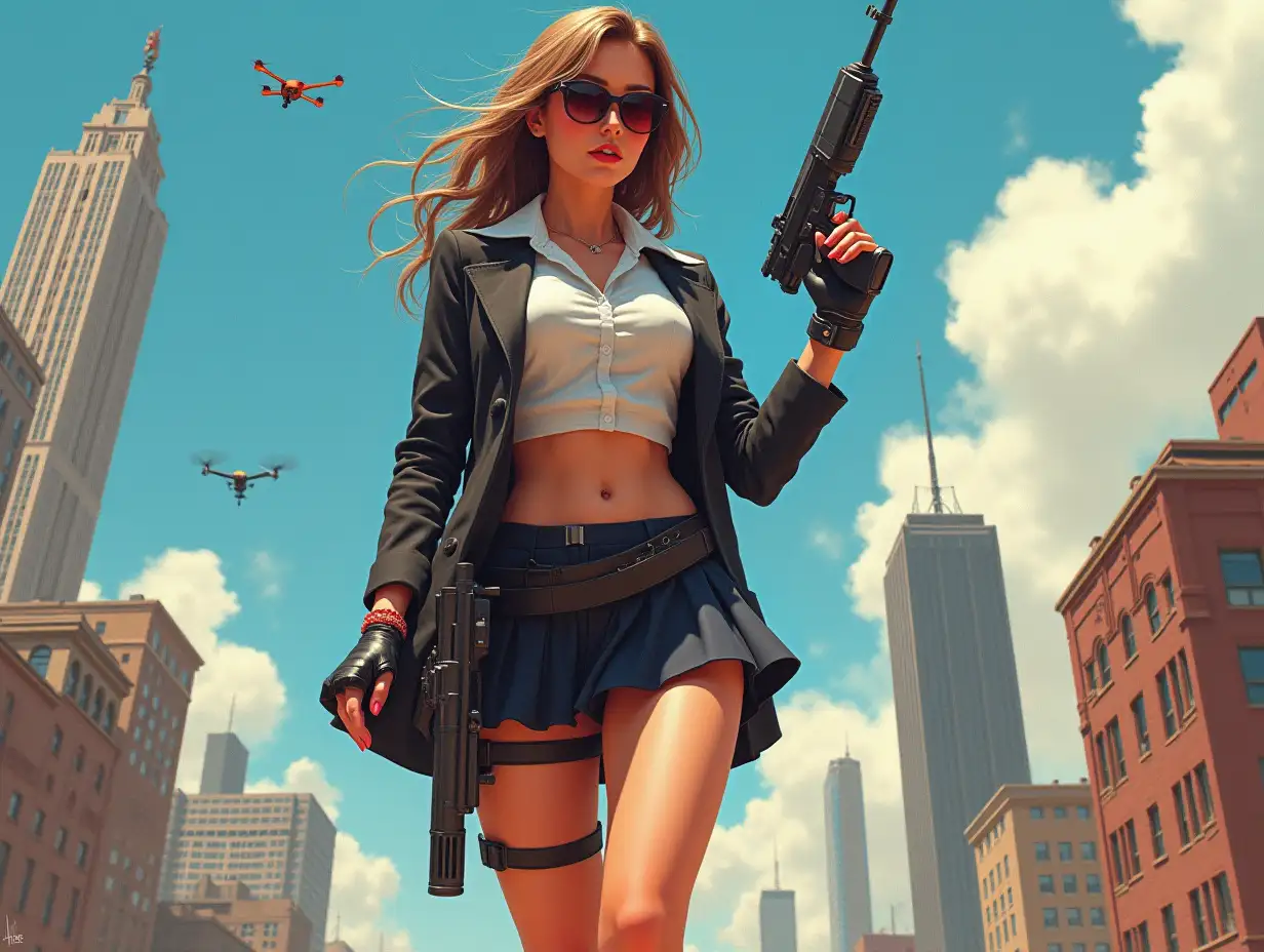 Wide-angle digital painting, (Beautiful woman in stylish school uniform, midriff showing, short skirt, combat boots, and sunglasses : 1.3), Triangular composition, Dynamic full-length pose, Confident expression, (Armed mercenary: 1.3), Gun grip, Supporting pose, City background, Skyscrapers in the distance, nuclear explosion in extreme distance, two small targeting drones above, (Bright sunlight: 1.2), Sharp contrasts, Bold colors, Clear details. female mercenary in cool cyberpunk style in colorful fantasy style, realism, post-apocalyptic landscape, cartel, bald rod, oil painting, rod Nostalgia, strong emotions, low angle, high detail, sharp focus