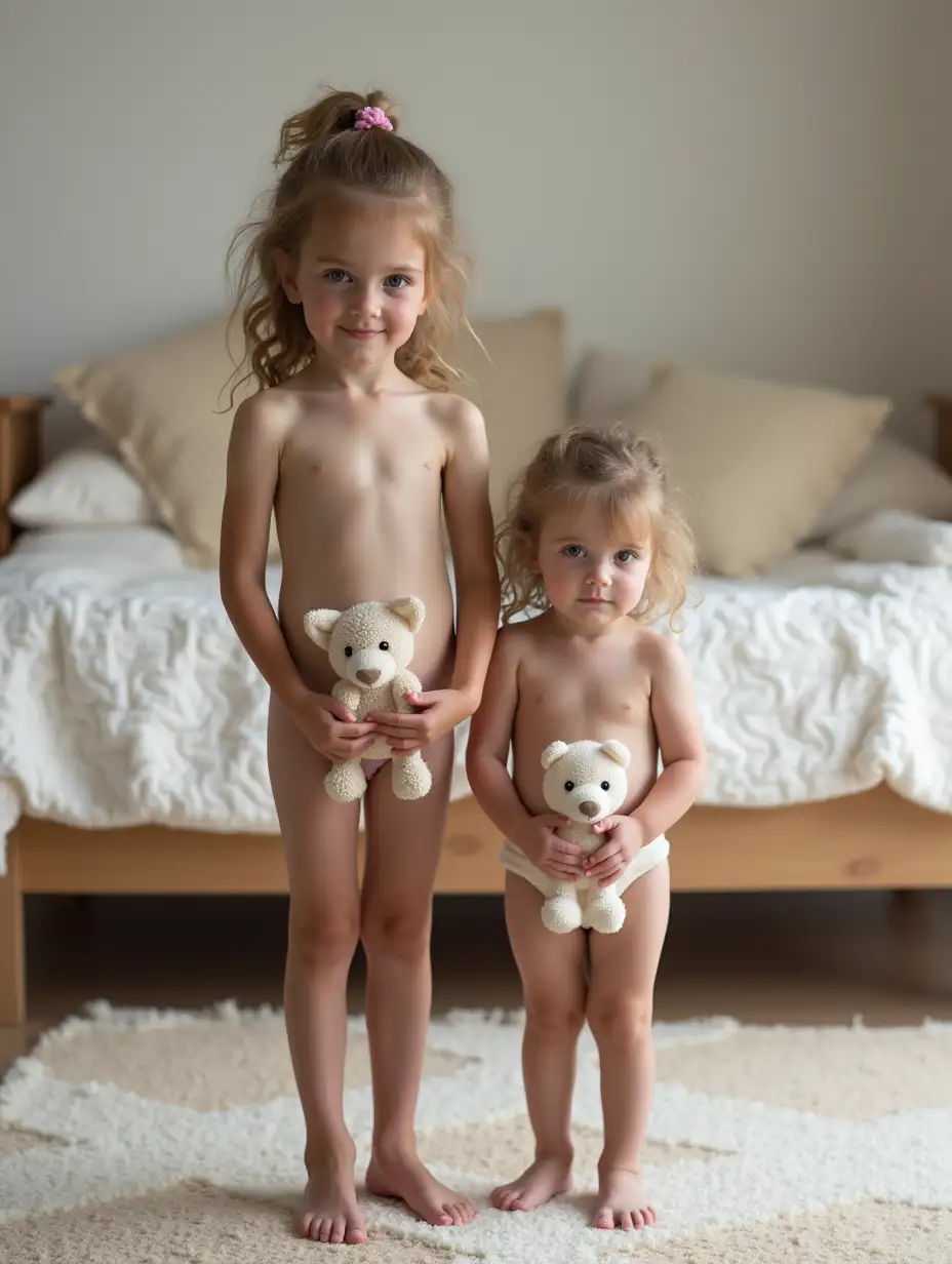 Tall slender teen girl and her much shorter very skinny preschool aged baby sister. Pale shiny bare skin. Standing on a rug in a playroom, holding small stuffed animals in front of their hips. A bed with fluffy pillows is behind them. Skinny legs visible.