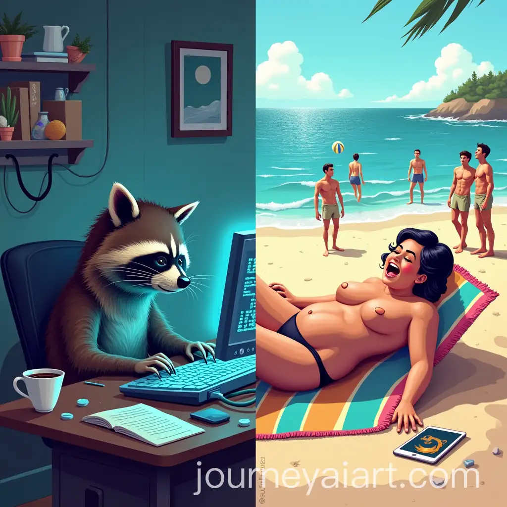 Raccoon-Working-Late-vs-Woman-Relaxing-on-the-Beach-Humorous-SplitScreen-Scene