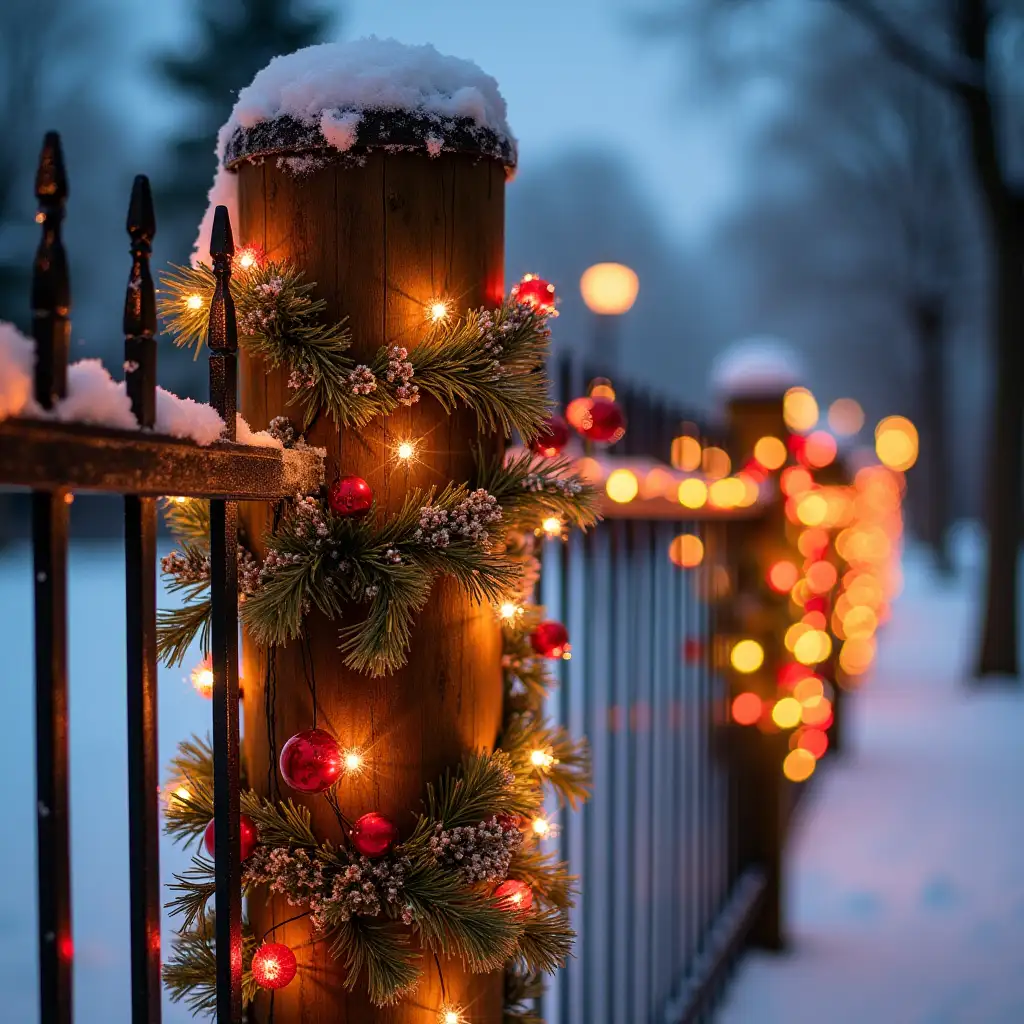 New Year fence post decorated with multicolored garlands