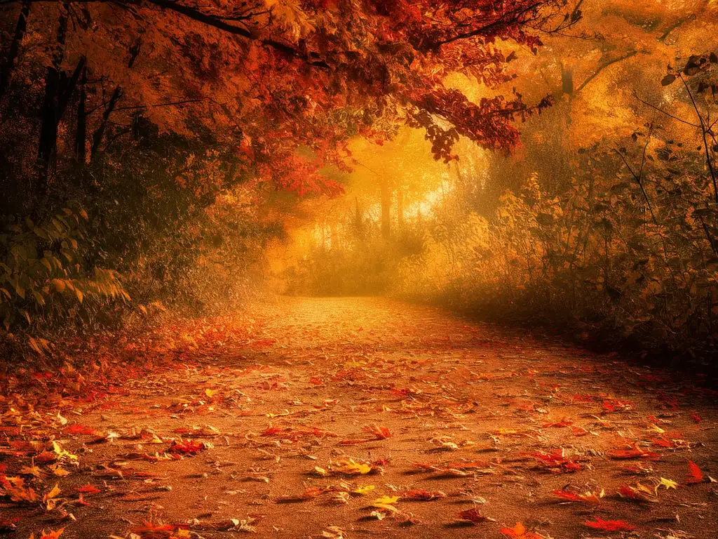 Tranquil-Autumn-Pathway-with-Colorful-Fallen-Leaves