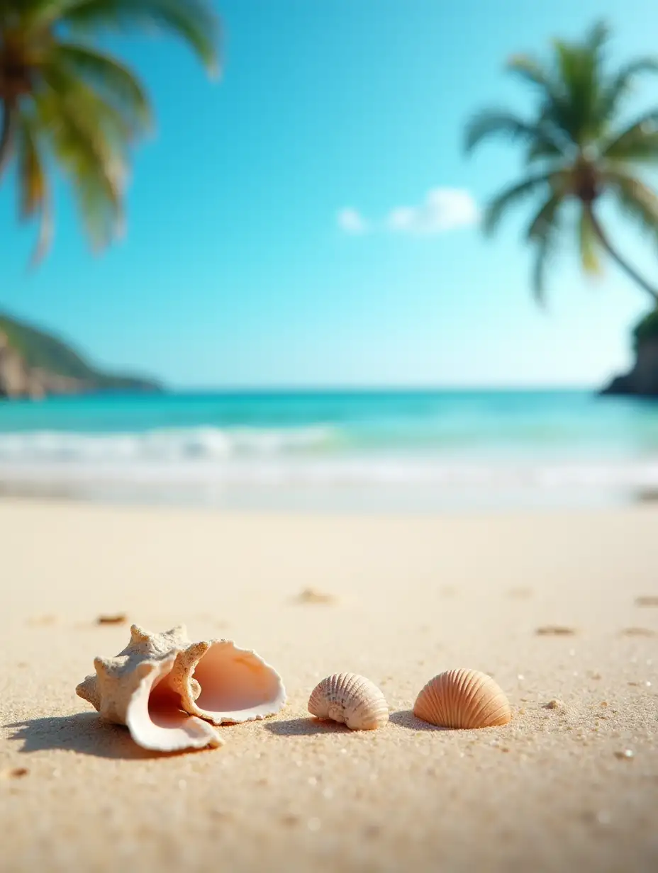 close-up, promotional photo, sea sand with shells, sea background in the distance, palm trees, blue sky