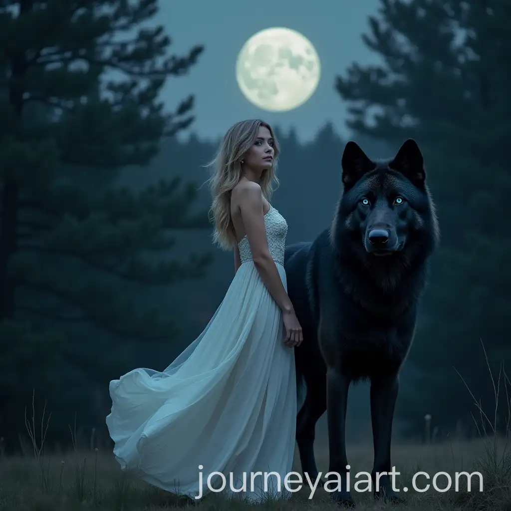 Blonde-Woman-in-White-Dress-with-Large-Black-Wolf-Under-Full-Moon