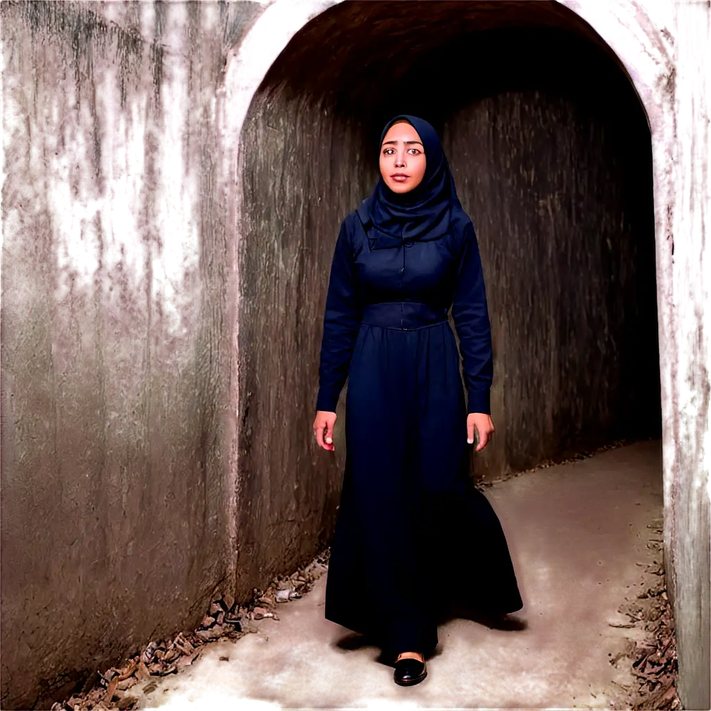 Indonesian-Woman-in-Jilbab-Walking-Through-a-Dark-Tunnel-with-Frightening-Faces-PNG-HighQuality-Digital-Image-for-Scary-Themes