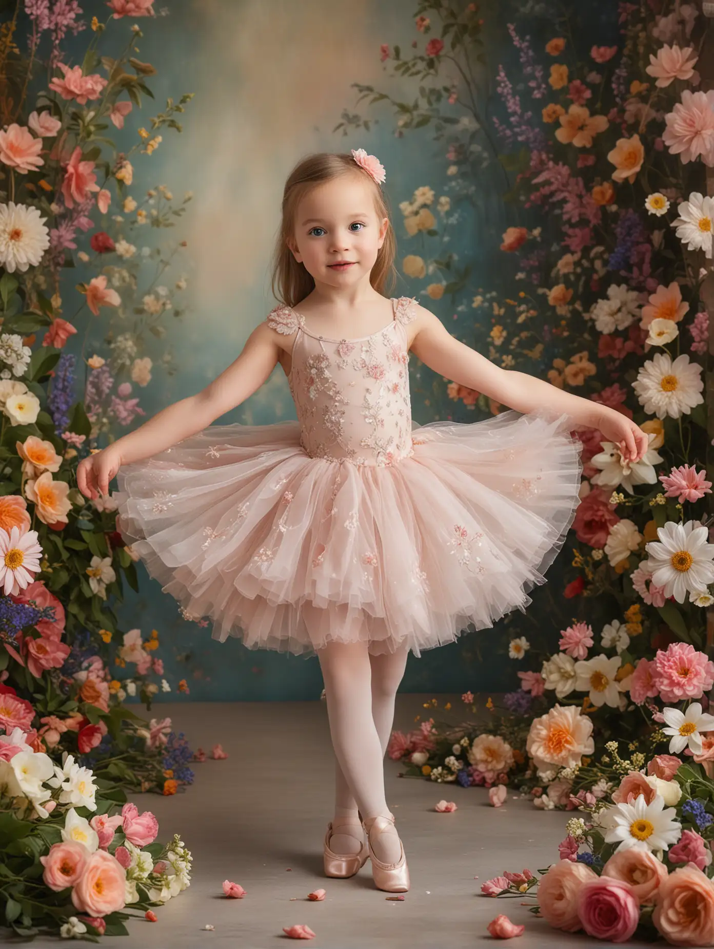 A captivating photograph of a two-year-old girl dressed in a stunning ballet outfit adorned with flowers. Her delicate ballet shoes are poised as she dances gracefully, surrounded by vibrant and varied flowers that create a beautiful and whimsical backdrop. The image exudes a sense of innocence and enchantment, with the little ballerina's eyes full of wonder and joy.