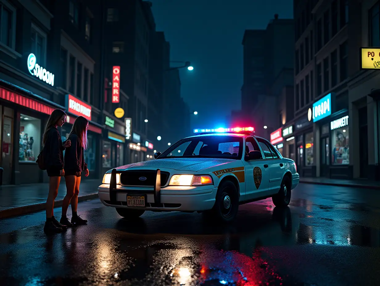 Nighttime-Cityscape-with-Police-Car-and-Street-Scene