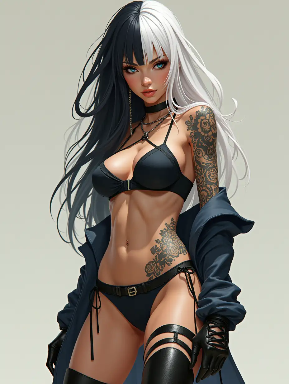 Depiction of a beautiful white woman with tattoos and long mixed white-black hair in a futuristic style and laced boots