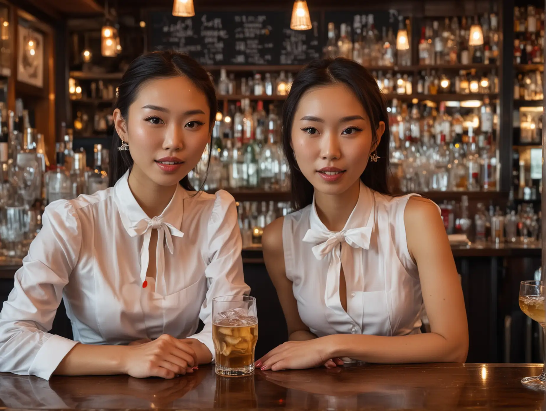 Two-Beautiful-Chinese-Bartenders-at-an-Upscale-Yacht-Club-Cocktail-Bar