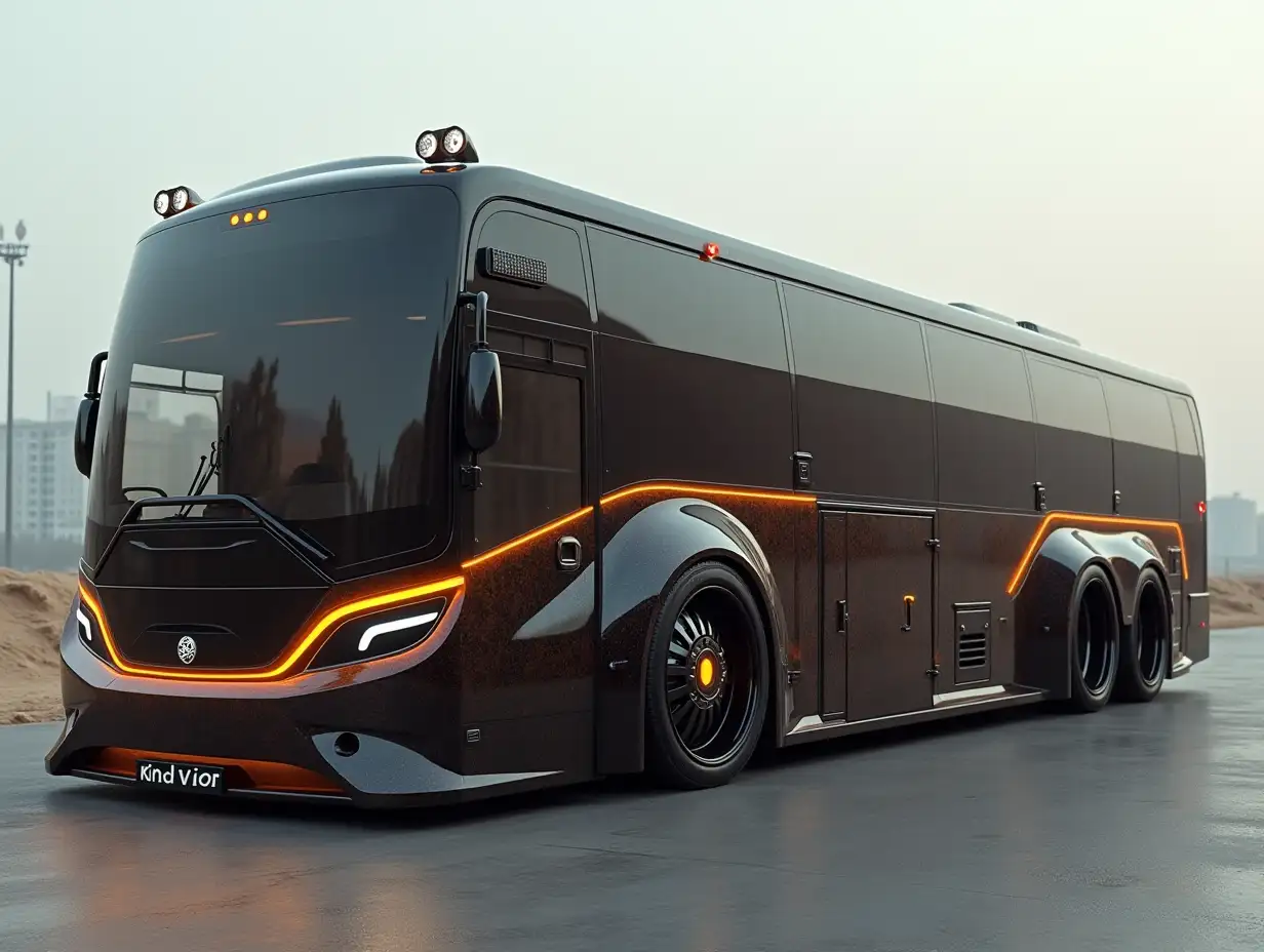 A supermodern utopian sports bus with black and brown color with ball, lowered body, 18-inch rims, aluminum wheels, Cyberpunk.